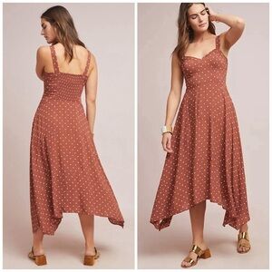 Anthropologie Vivienne Maxi Dress Handkerchief Hem Sweetheart Neck Brown Dotted